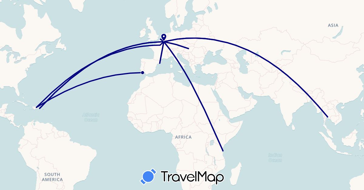 TravelMap itinerary: driving, plane in Belgium, Dominican Republic, Spain, France, Hungary, Portugal, Thailand, Tanzania (Africa, Asia, Europe, North America)