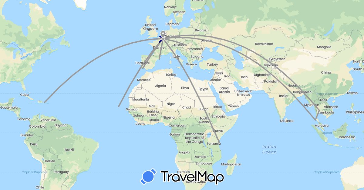 TravelMap itinerary: driving, plane in Belgium, Cape Verde, Dominican Republic, Spain, France, Hungary, Portugal, Thailand, Tanzania (Africa, Asia, Europe, North America)